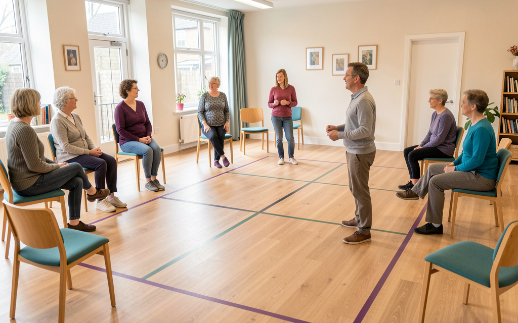 A calm community studio viewed before class, floor lines and chairs arranged with care