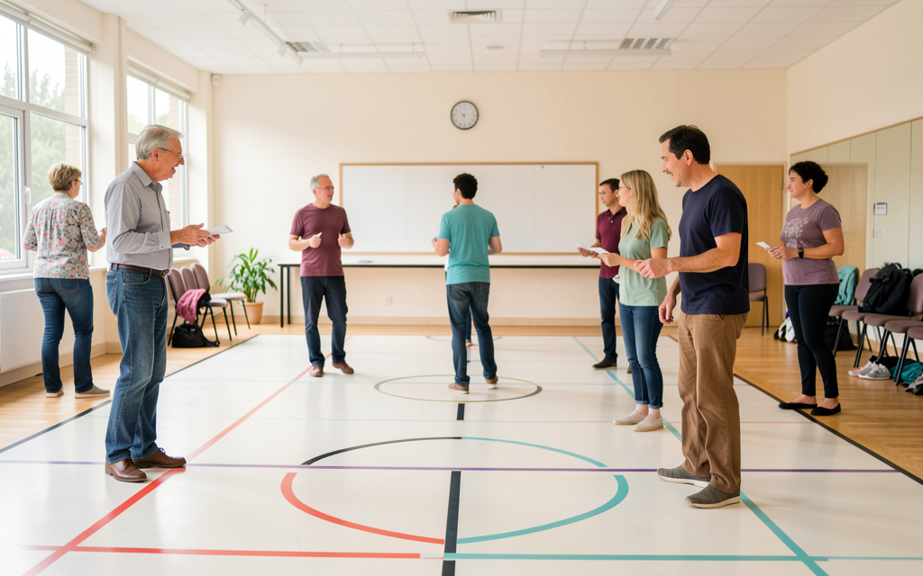 An adult comparing simple dance-level notes beside a bright clear practice floor