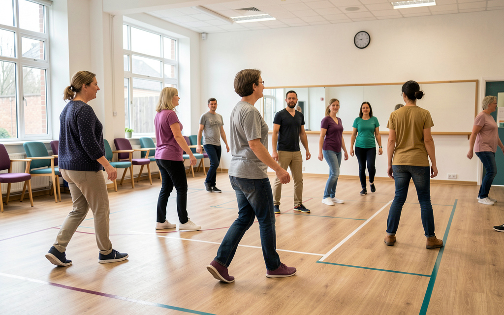 Adult dancers practising a simple side step sequence in a modern community studio with clear floor space