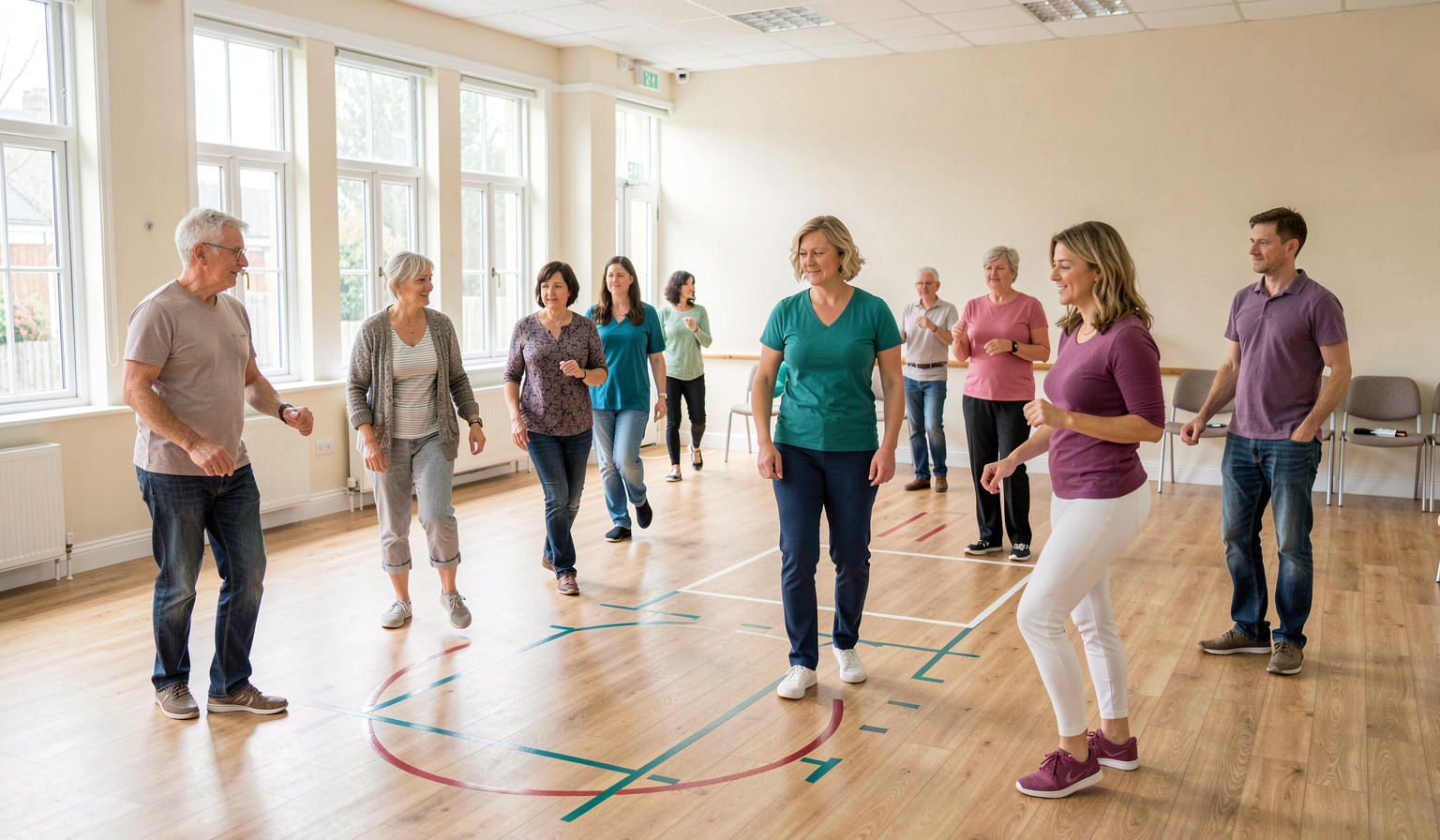 A mixed-age adult line-dance class practising in a bright community hall with feet and floor direction visible