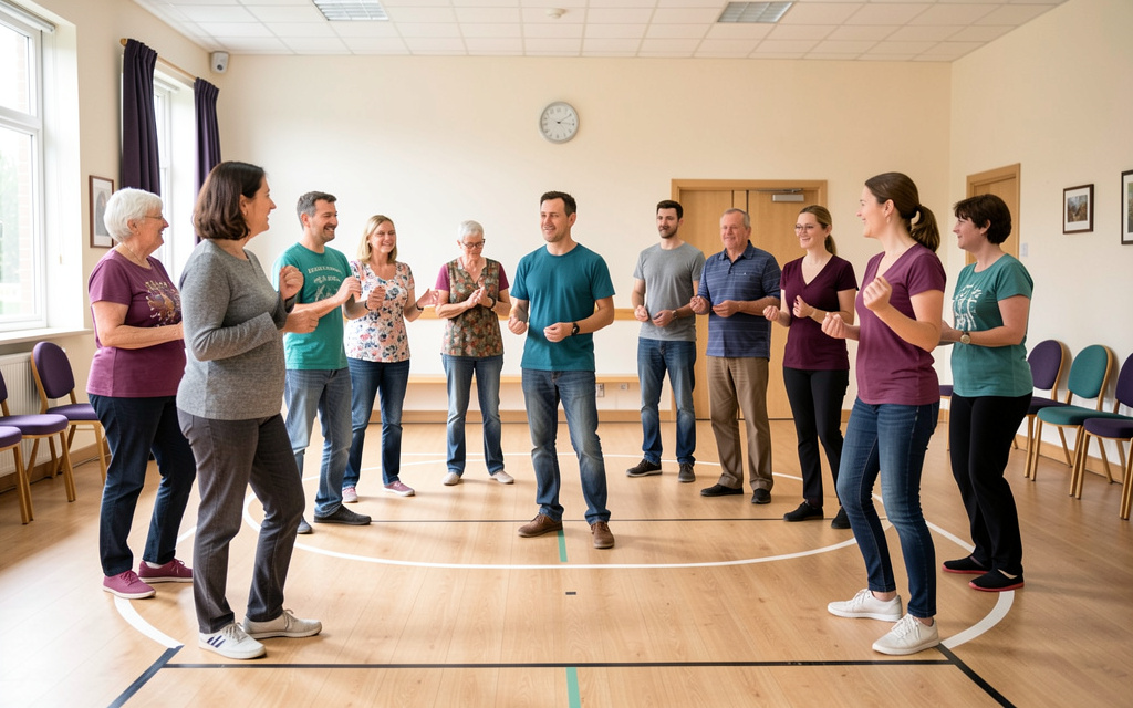 A friendly community hall line-dance group making space for one another before music begins