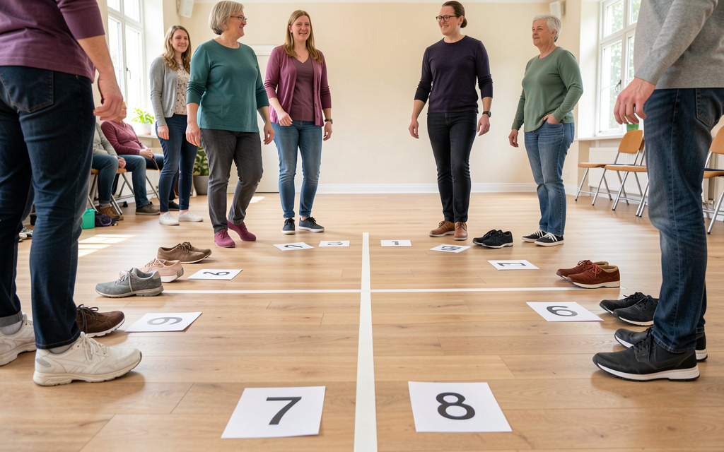 Shoes arranged around a simple four-wall floor marker with printed numbers one to eight on small cards