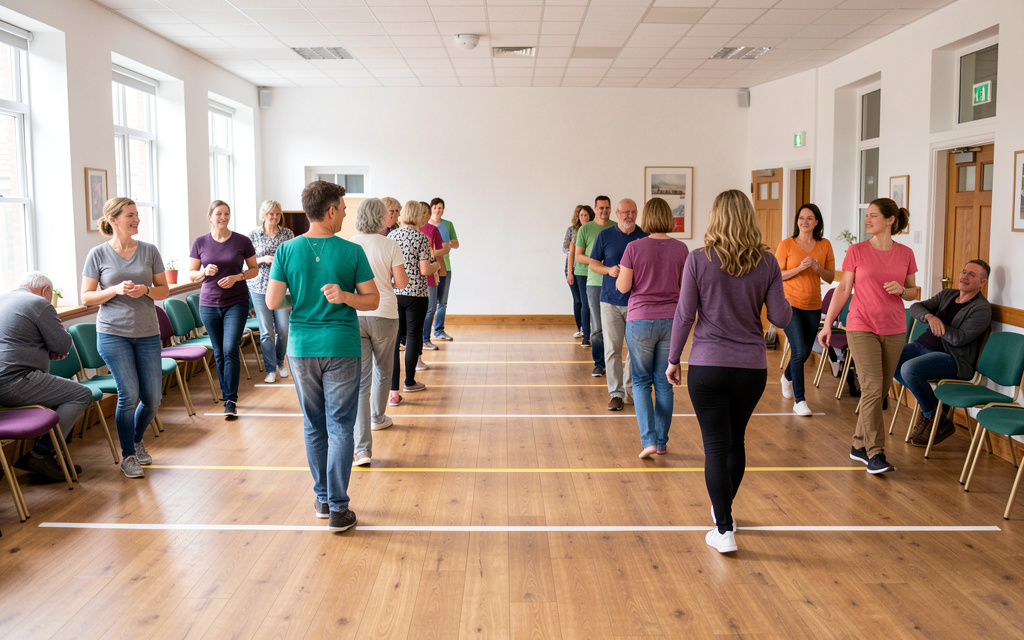 Line dancers leaving clear lanes between rows in a welcoming community hall
