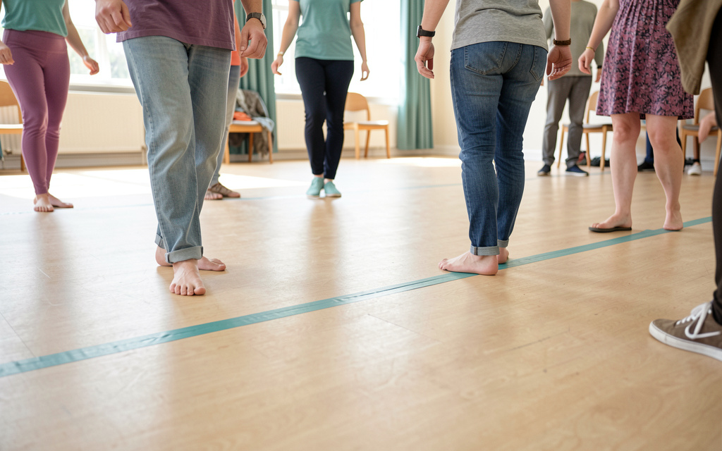 Four footprints crossing sideways along a taped line in a bright studio