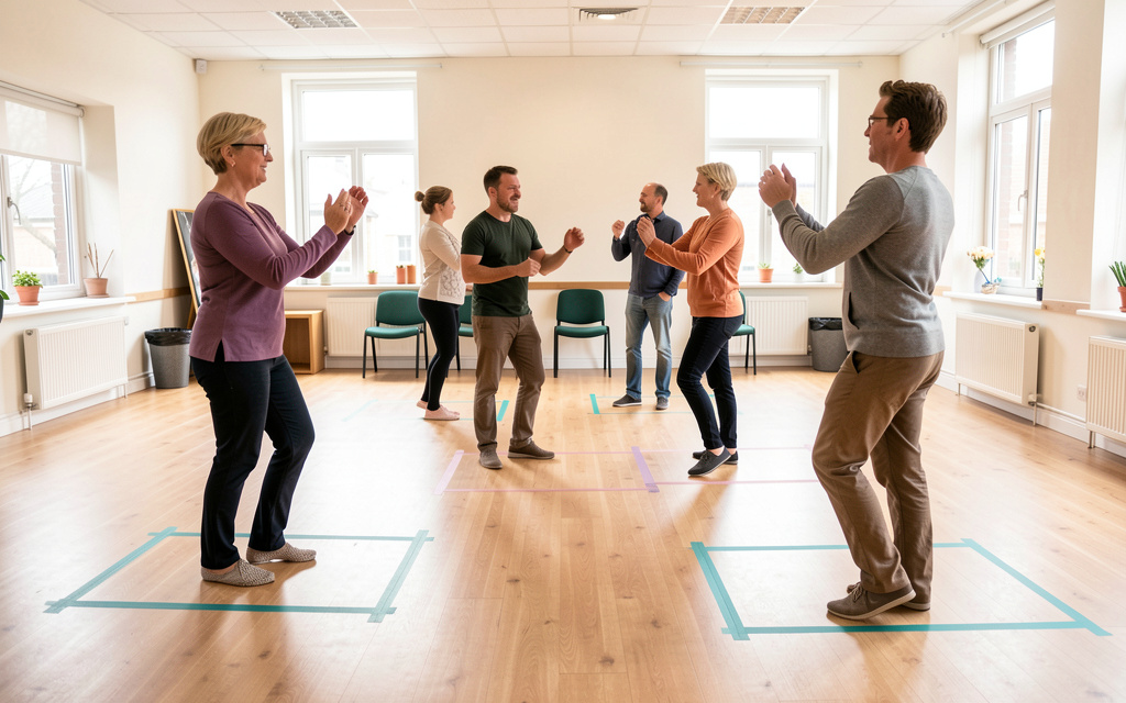 Four floor squares marked with subtle tape as adult dancers practise a jazz box