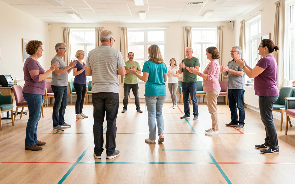 A mixed-age adult line-dance class warming up in a bright community hall, feet and taped floor lines visible