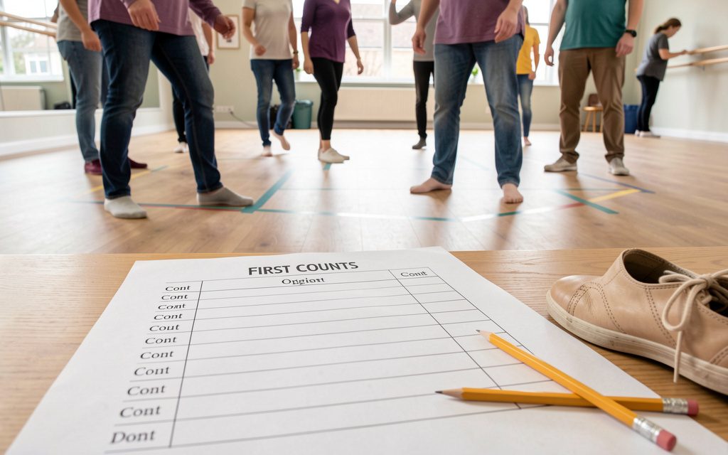 A printed step sheet on a wooden hall floor beside a pair of dance shoes, late afternoon light through tall windows, shot from a low angle.